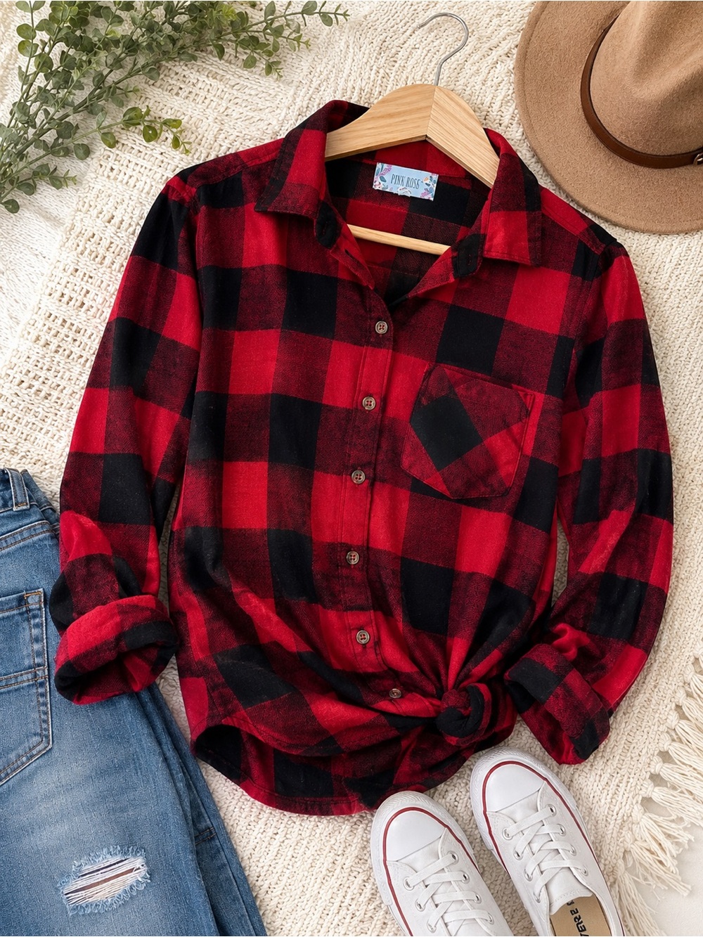 Pink Rose Red & Black Checkered Women’s Flannel Top